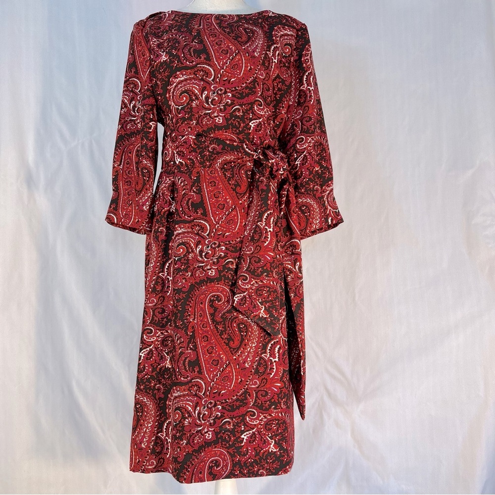 Talbots Sheath Dress Red & Black Paisley 3/4 Sleeves Tailored Cuff Tie Waist 14